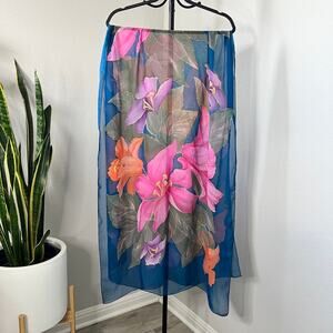 Lucy Maxym Collection Teal Floral Hand Painted 100% Silk Scarf